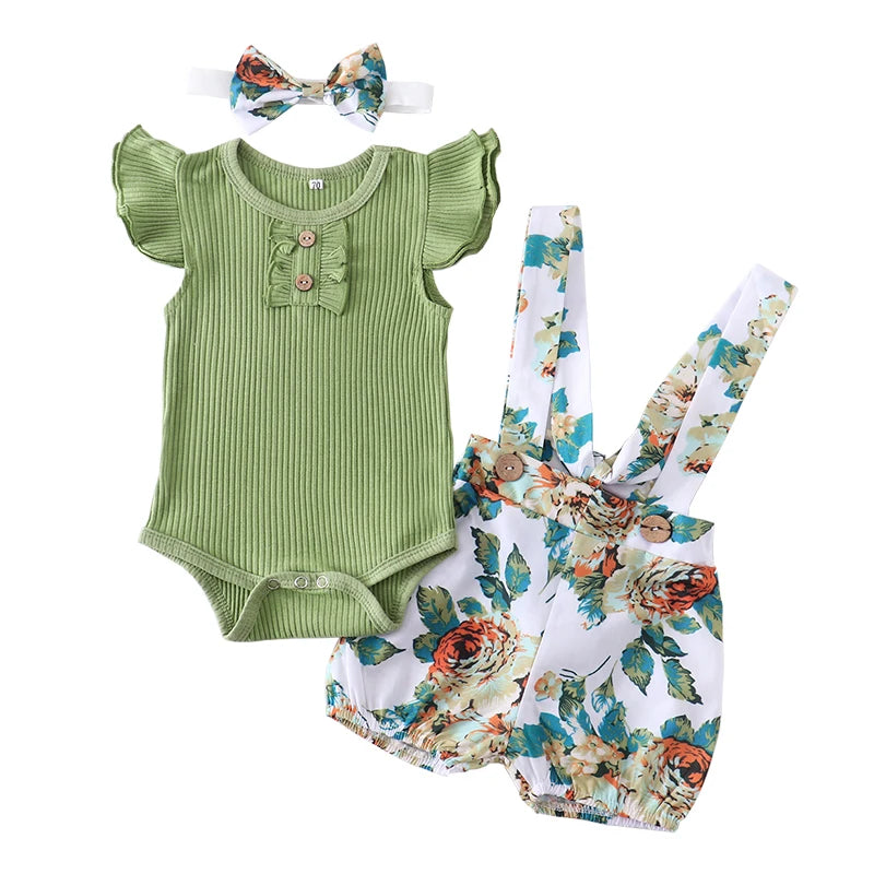 Summer Baby Girl Clothes Set Fashion Newborn Infant Knitting Cotton Ruffles Romper Shorts Bow Headband 3Pcs For Toddler Outfits