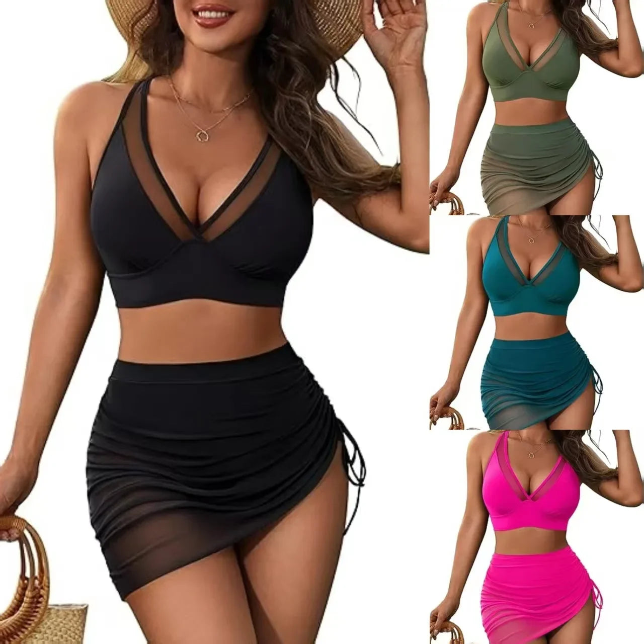 2025 New Fashion Sexy Pure Color Mesh Splice Drawstring Ladies Bikini Set Crossbody Swimwear Women's Split Design Swimsuit