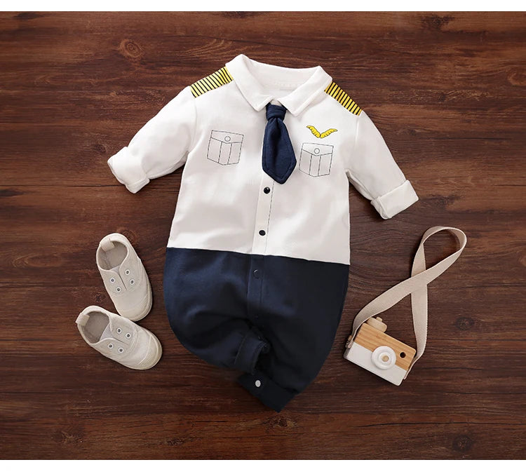 Spring and Autumn Boys Costume Baby Romper Jumpsuit 100% Cotton Cool Gentleman Suits Aviator Long Sleeve Clothes Toddler Onesie