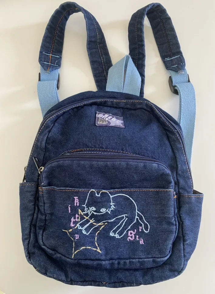 Fashion Small Denim Backpack Kawaii Cat School Bag Mini Cute Schoolbag Deep Blue Backpacks Aesthetic Japanese Preppy Book Bags