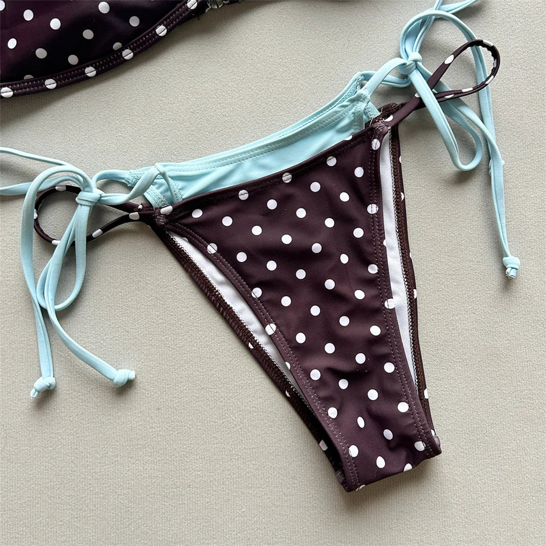 Sexy Polka Dot Plaid Halter Bikini Female Swimsuit Women Swimwear Two-Pieces Bikini Set Splicing Bather Bathing Suit Swim V8027