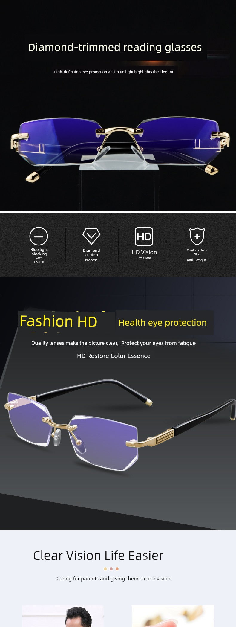 Glasses HD Anti-Blue Ray Rimless Brand Reading Glasses