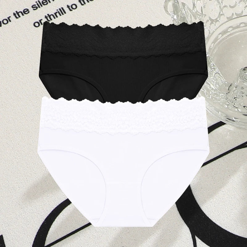 FINETOO 2Pcs Women Cotton Seamless Underwear Sexy Lace Waist Patchwork Panties Female Solid Briefs Plus size Breathable Lingerie