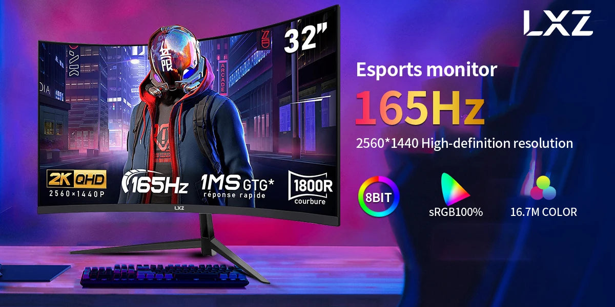 LXZ Curved 32 Inch Gaming Monitor 1800R, 2K QHD 165hz Frameless Display 99% sRGB, 178°Wide Viewing Angle, Display Port HDMI