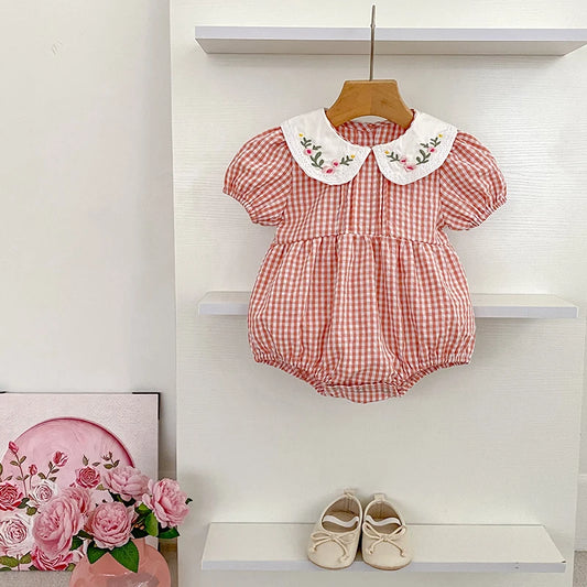 0-3Yrs Toddler Baby Girls Rompers Embroidery Bodysuit Girls Jumpsuits Princess Girls Pink Grid Rompers Toddler Summer Clothing