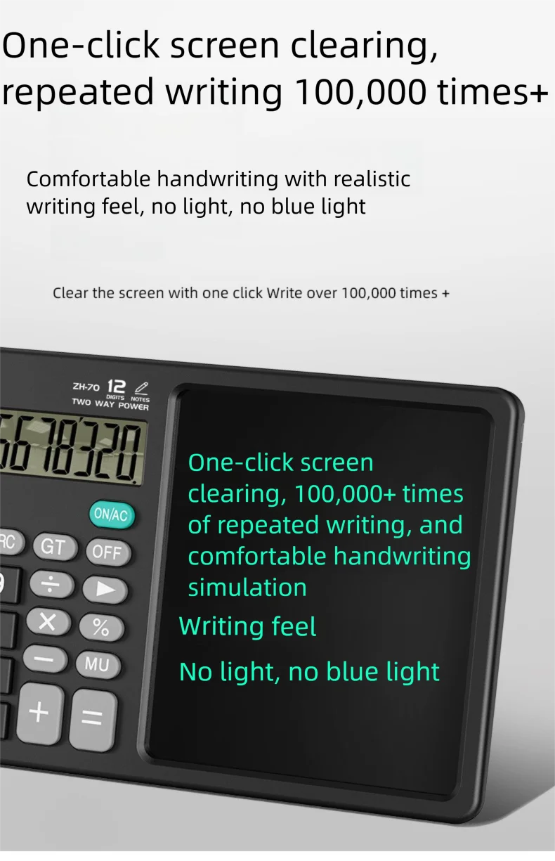 Desktop office calculator; Financial accounting; School office; Teacher student writing draft memo; Handwriting board computer.