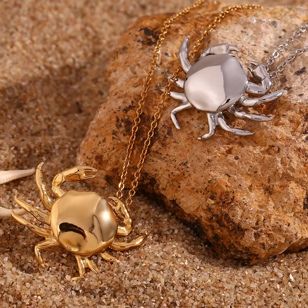 MamacitaSlay 2025 New Design Stainless Steel Crab Pendant Necklace Earrings 2PCS Holiday Party Waterproof Jewelry Set Women