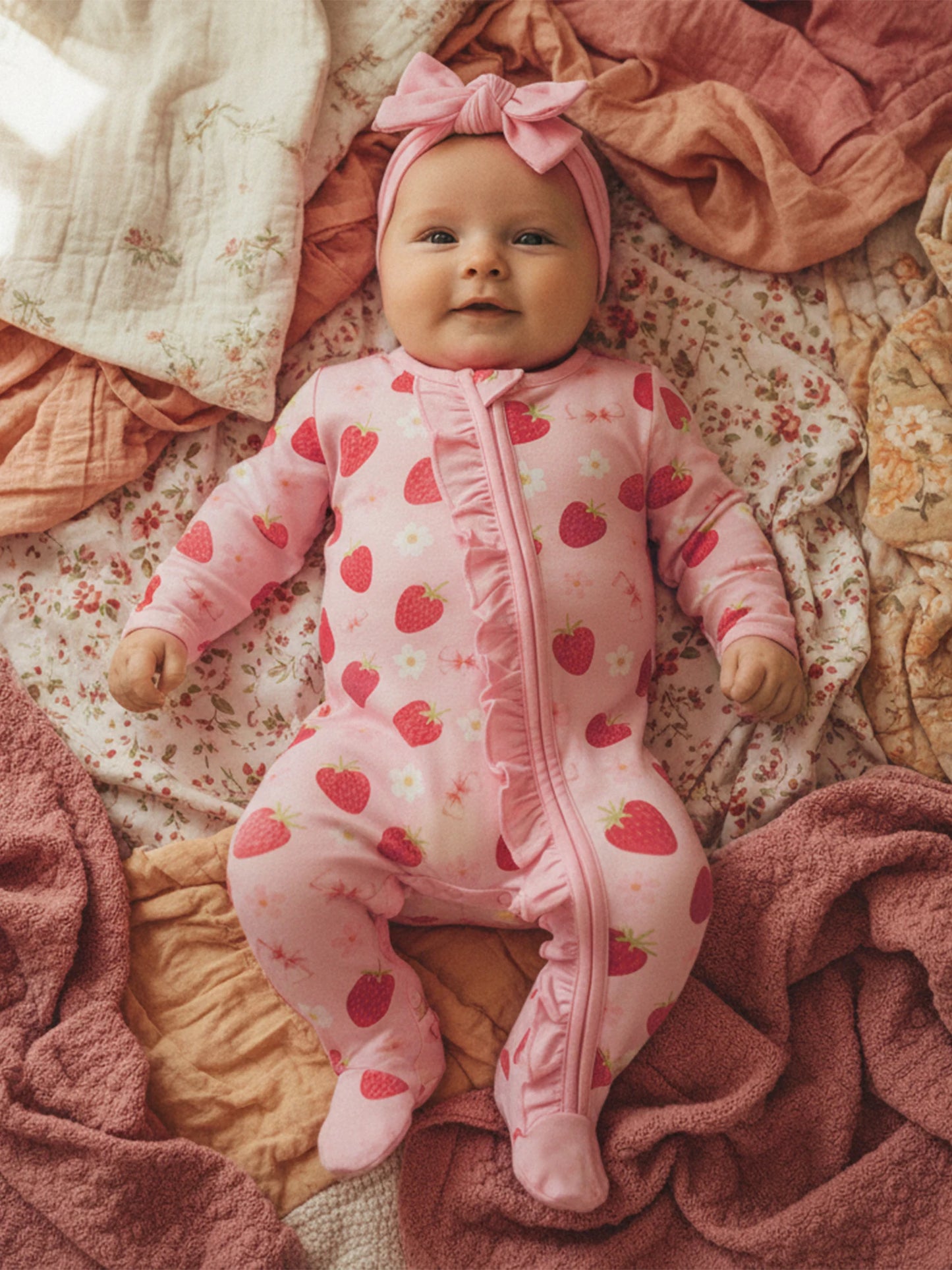 Newborn Baby Girl Footed Romper Strawberry Bow Print Long Sleeve Zip Up Round Neck Ruffled Jumpsuit with Headband