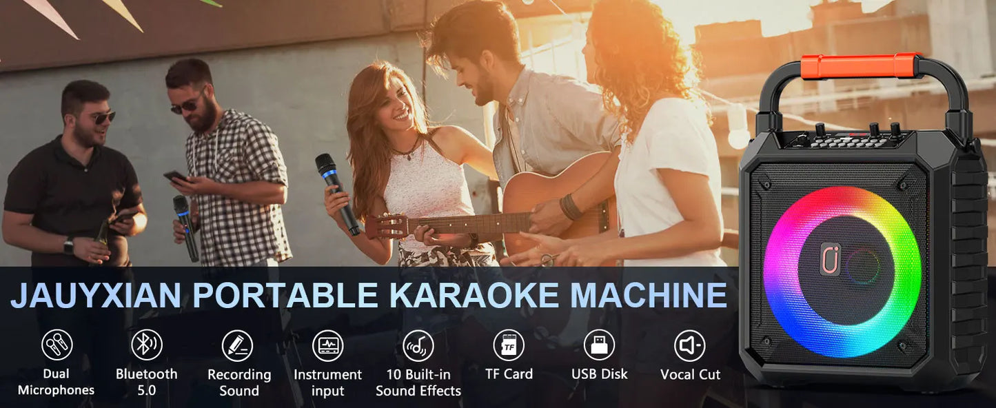 Karaoke Machine with 2 Wireless Microphones, Portable Speaker with LED Lights for Kids and Adults, Supports Bluetooth/USB/TF/AUX