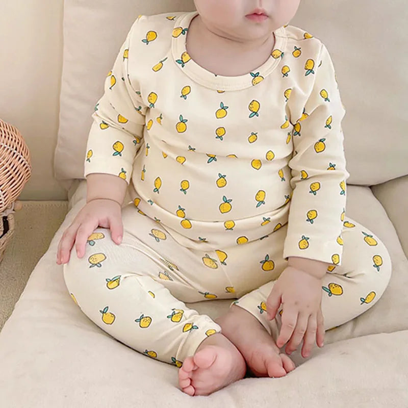  Fall Baby Pajamas Set 0-3Y Girls Lemon Printed Sleepwear 2Pcs Infant Boys Underwear High Waist Belly Protection Home Clothes