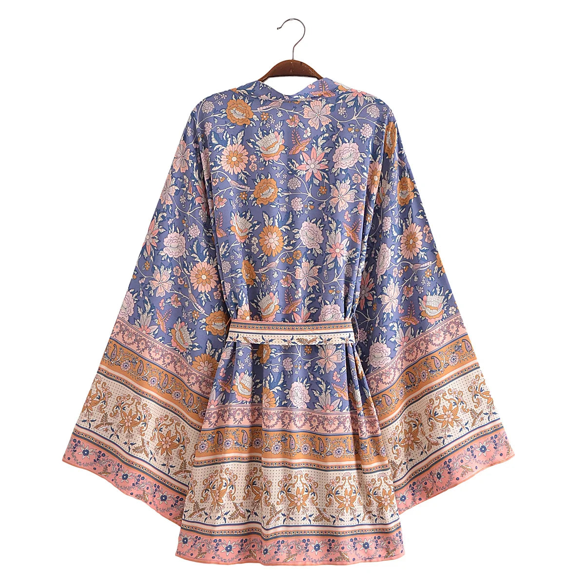 BOHO Women Blue With Pink Flower Print Kimono Shirt Holiday Tide Bow Sashes Mid Long Cardigan Summer Blouse Beach Cape