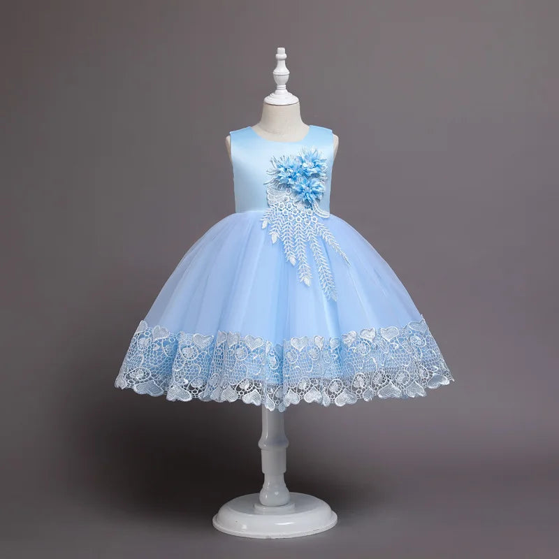 2023 Summer Girls Dress Lace Applique Flower Girl Party Dresses Children Costume 2-10 Years Kids Wedding Princess Birthday Dress