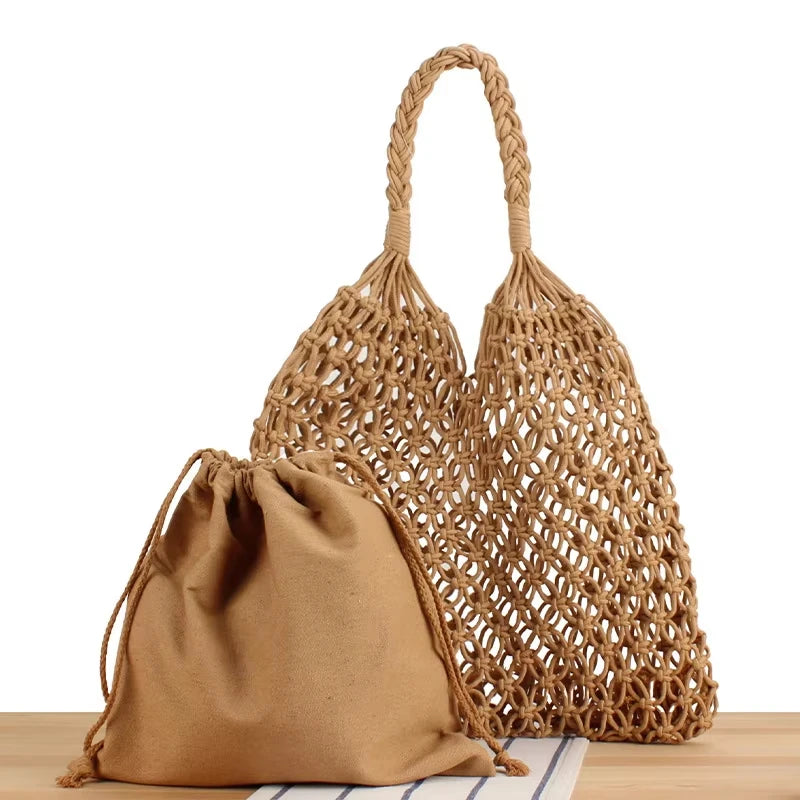 Fashion Crochet Bags for Women Summer Beach Tote Bag Raffia Aesthetic Totes Straw Handbag Bohemian Boho Woven Knit Shoulder Bag