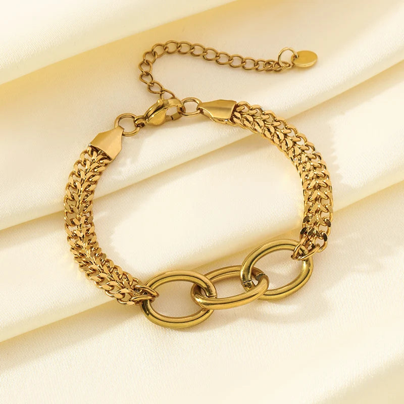 EILIECK 316L Stainless Steel Metal Texture Oval Chain Bracelet Bangle For Women 18K PVD Plated Wrist Chain Waterproof Jewelry