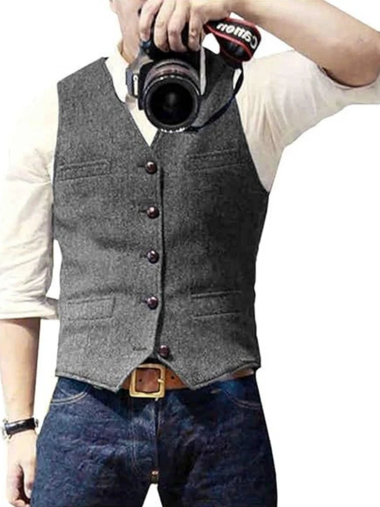 Men's Suit Vest Military Green Single Breasted Blended  Men Vest Denim Jeans Waistcoat Jacket Slim Fit Casual Formal Business