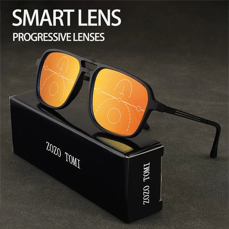 Progressive Multifocal Reading Glasses Intelligent Zoom Anti Blue Light Eyewear Alloy Temples Square Clear/Red Coating Glasses