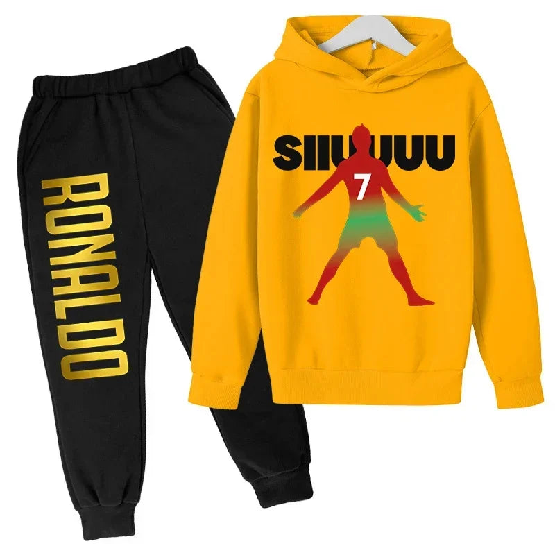 Children's Clothing Children's Sports Suit Spring and Autumn Fleece Hoodie Pants 2-piece Set Ronaldo Printed Kids Clothes Girls