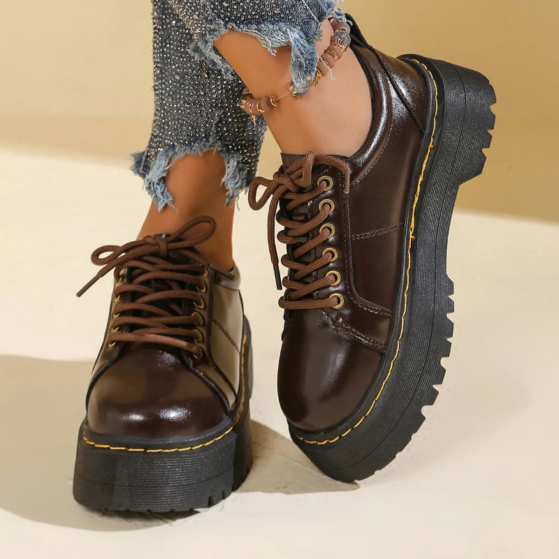 Thick Bottom Women's Low Top Soft Leather Round Toe Casual Student Lolita Flat Shoes Women Platforms Zapatos De Mujer