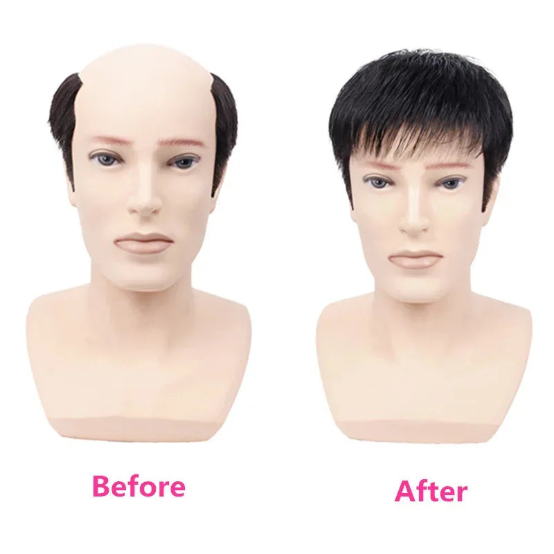 Synthetic wig for men with short hair, with a buzz cut style, on a bald head, with high-temperature hair extensions at the top.