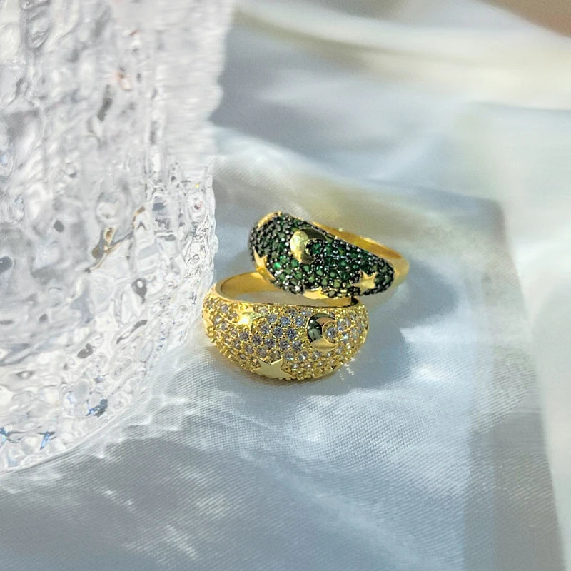 2025 Gold Color Rainbow Fashion Bling Moon Star Ring For Women Men Hip Hop Iced Out Paved Colorful Neon Enamel Luxury Jewelry