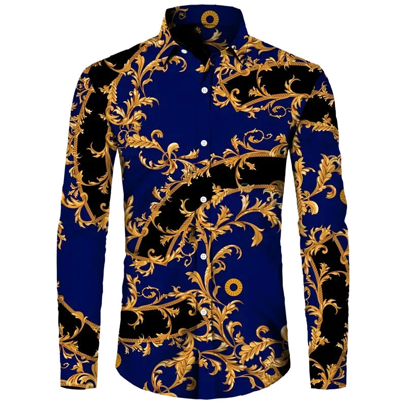 2024 New Luxury Golden Flower Chain 3D Print Men Lapel Button Shirts Long Sleeve Shirt Casual Mens Designer Clothing Streetwear