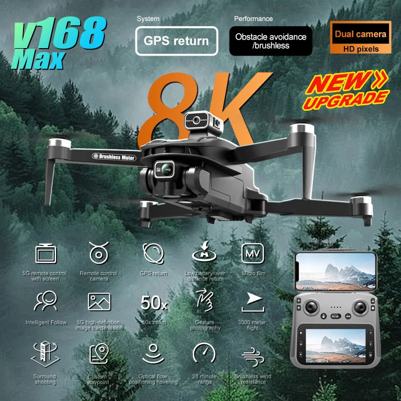 2025 Mini Drone 8K Professional HD Dual Cameras V168 Max Foldable Outdoor Drones Long Range WIFI FPV App RC Control Portable