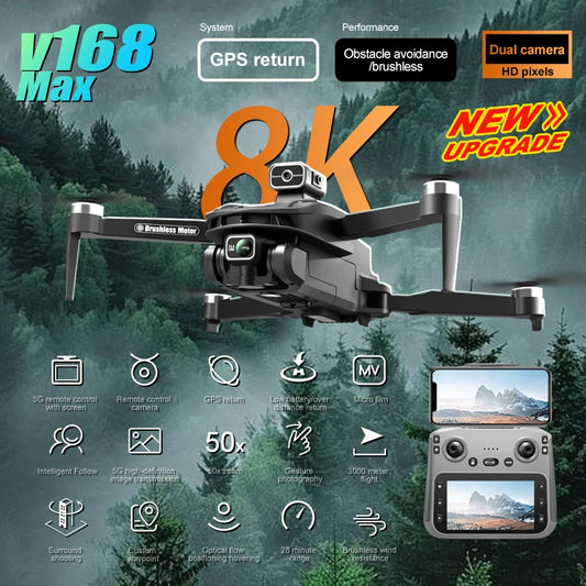 2025 Mini Drone 8K Professional HD Dual Cameras V168 Max Foldable Outdoor Drones Long Range WIFI FPV App RC Control Portable