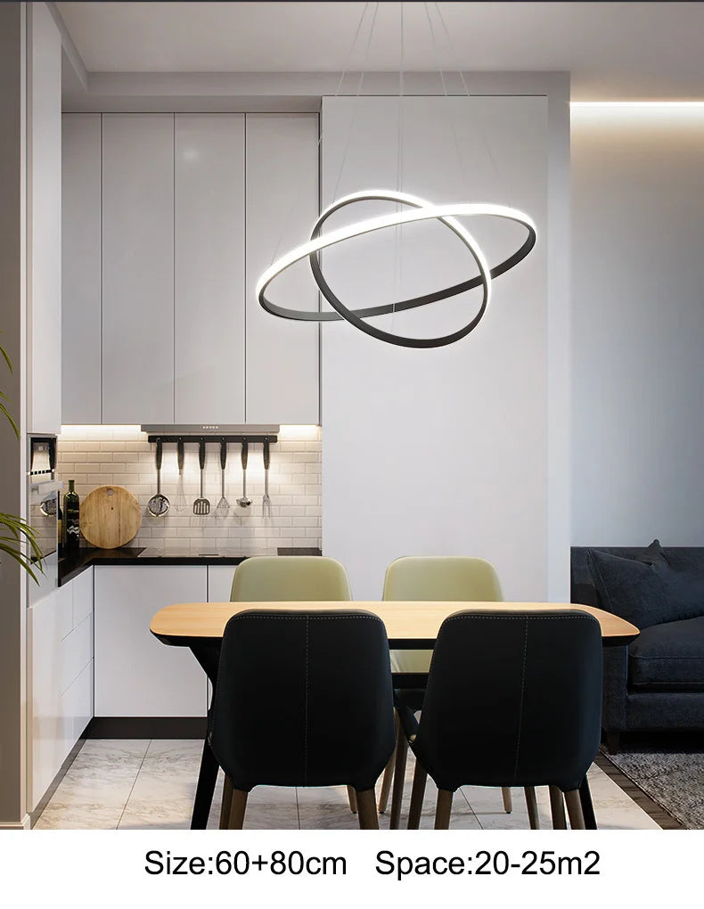 Led Circle Ceiling Hanging Chandelier Rings  Black Loft Living Dining Room Modern Pendant Lamp Kitchen Indoor Lighting Fixture