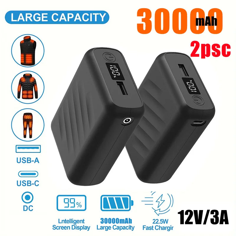 30000mAh Rechargeable 12V 3A Power Pack For Heated Jacket Power Bank Spare Battery Portabl Heating Vest Auxiliary Battery