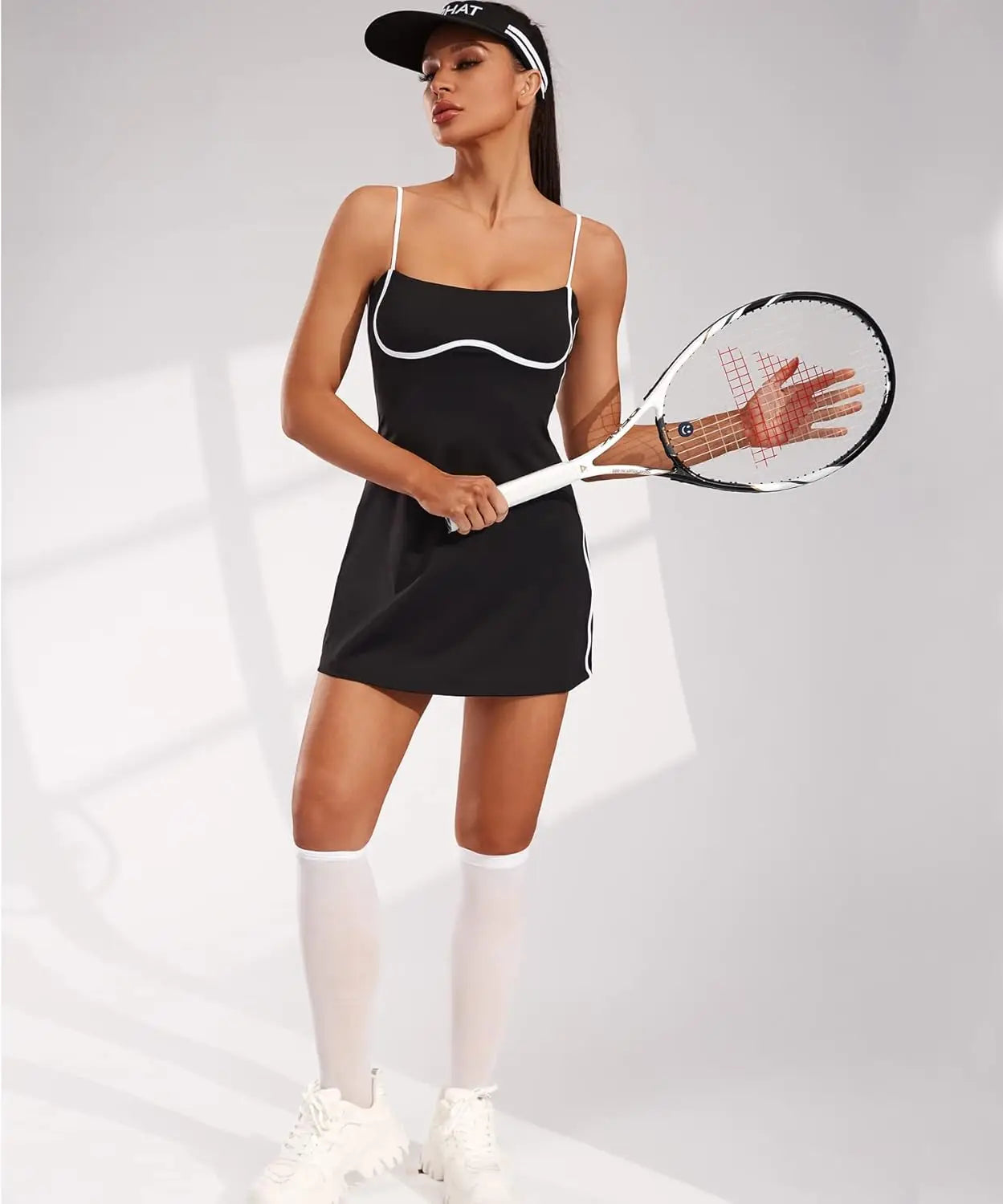 Women's Fitness Tennis Skirt Sleeveless, Suspender Dress Mini Skirt, White Stripe Contrast Dress, Suitable for Sports and Golf