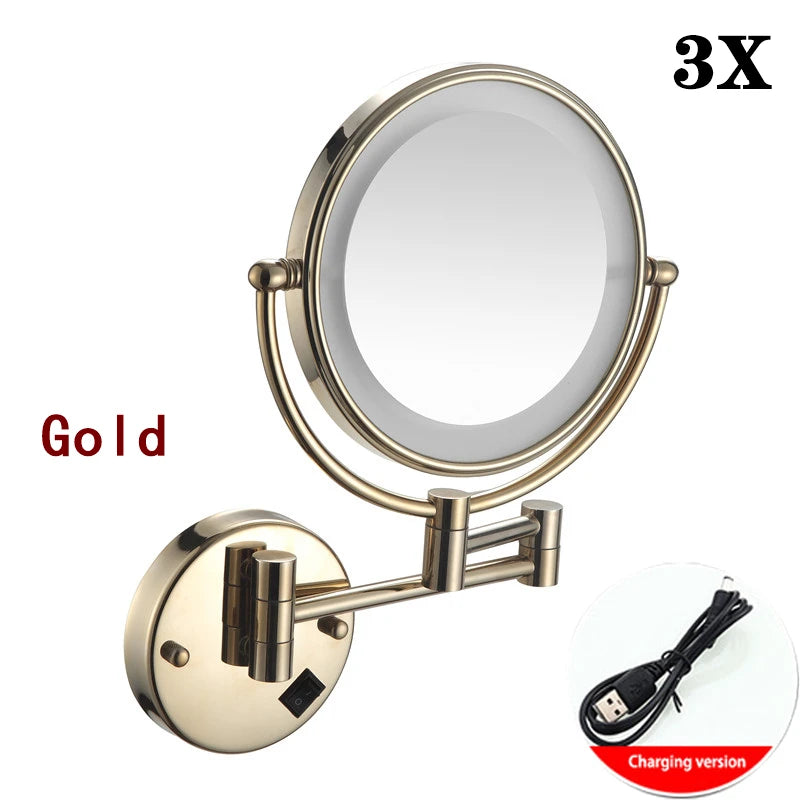 Brushed Gold LED Makeup Mirror with Brass Folding Bathroom Mirrors of 8 Inch 3X 5X Maynifying Makeup Mirror Dual Face LED Mirror