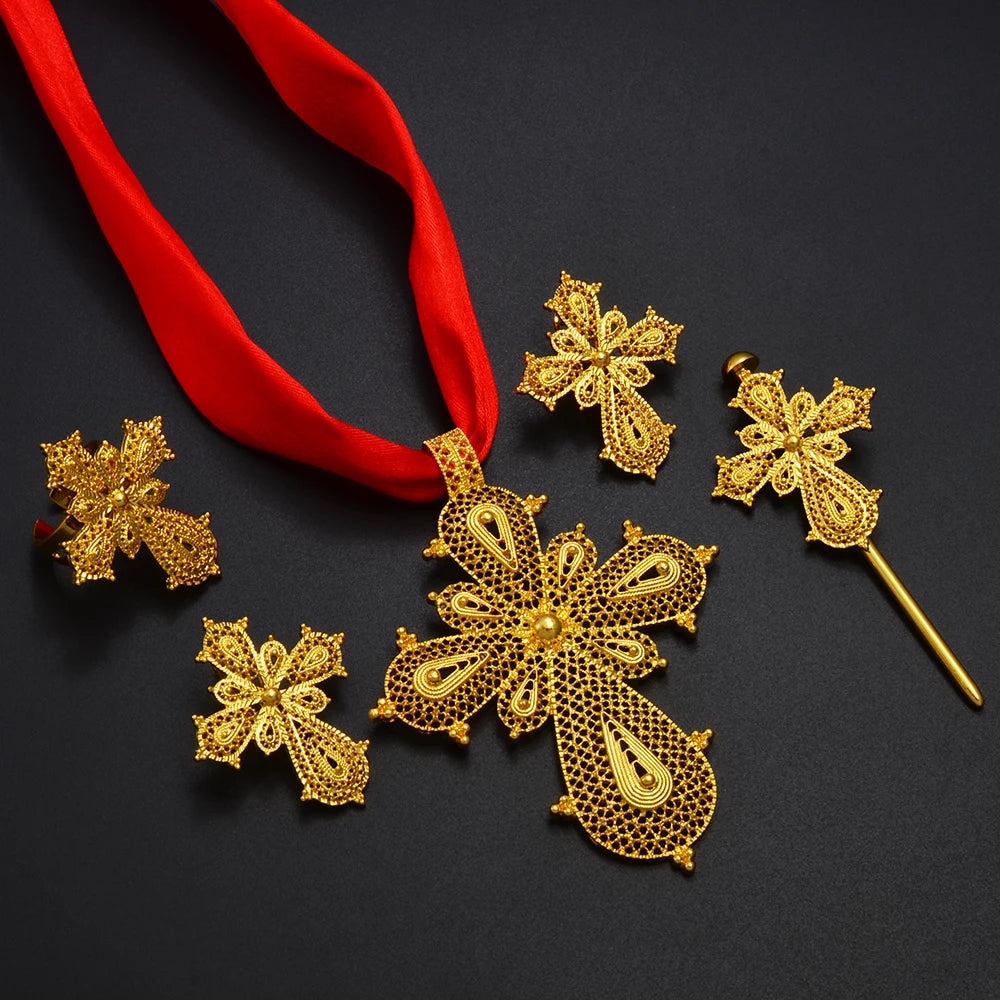 Anniyo Ethiopian Cross Jewelry sets Silver/Gold Color Necklaces Earrings Ring Hairpin Eritrean African Ethnic Wedding #313806