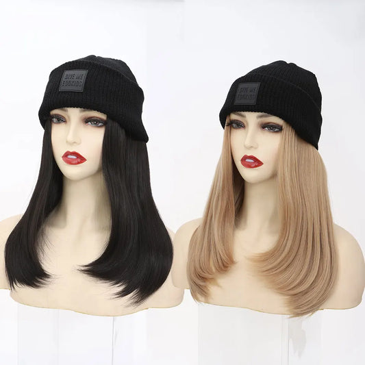 Hat Wig Knitted Beanie Wig Hat Hair Extension Straight Wig Hat Attached 11 Inch Synthetic Hairpiece for Women Girls Winter