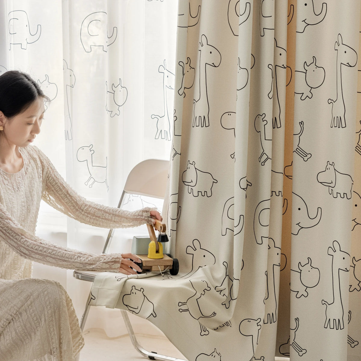 Cartoon Animals Pattern Semi-Blackout Curtains for Kids Bedroom, Beige Window Treatment Drapes for Boy Girl Window Nursery Room
