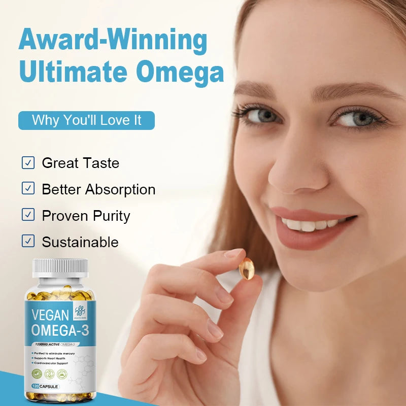 IMATCHME 60PCS Vegan OVEGA-3 Deep Sea Fish Oil Capsules Rich DHA & EPA, Supports Brain, Eye & Heart Health Cardiovascular Support