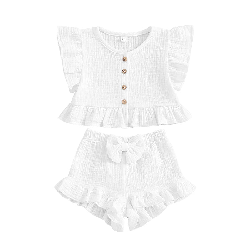 Pudcoco Little Girl 2 Piece Summer Set, Fly Sleeve Button Down Ruffled Tops Bow Elastic Waist Shorts Baby Toddler Set 6M-4T