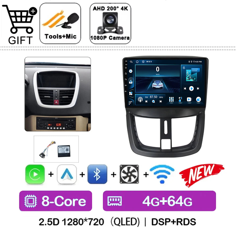 Car Radio For Peugeot 207 2006 - 2015 Multimedia Video Player Navigation Stereo GPS Android 14 wireless Carplay DSP RDS 5G WIFI