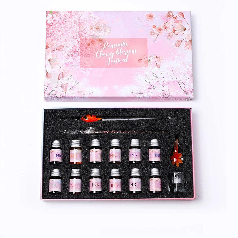 2022 Sakura Glass Dip Pen Set 2Pcs Crystal Glass Pens with 12 Gold Powder Inks for Signatures Drawing Caligraphy Kit Gifts