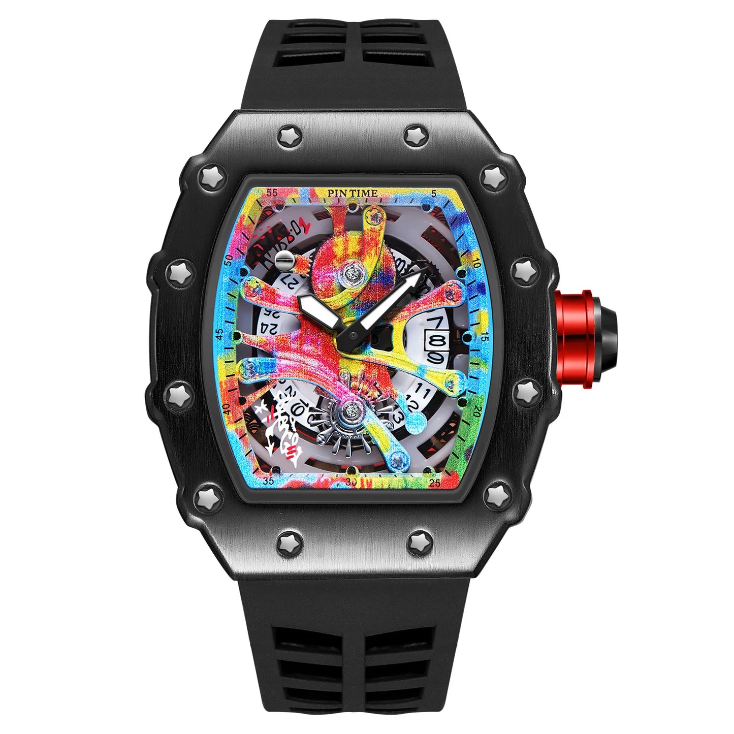 High-end Colored Hip Hop Dial  PINTIME Watch for Men Silicone Strap Stainless Steel Case Fashion Waterproof Quartz Wristwatch