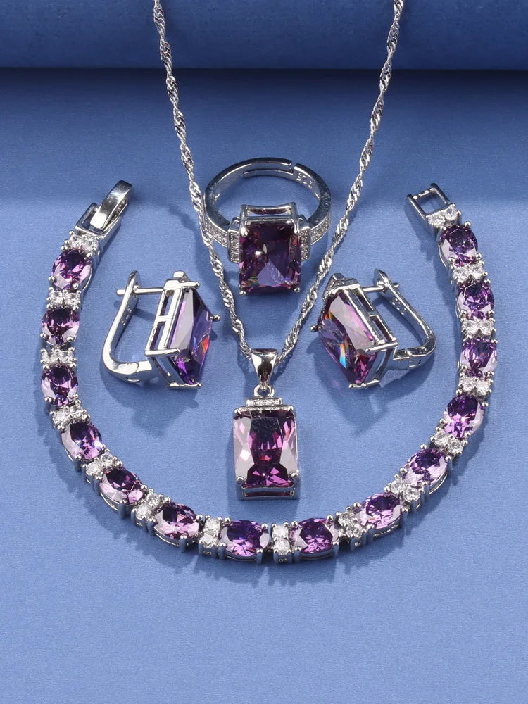 Rectangle 925 Silver Jewelry Accessory Fashion Vintage Original Set Of Earrings Women's Ring  Hand Bracelets Necklace Pendant