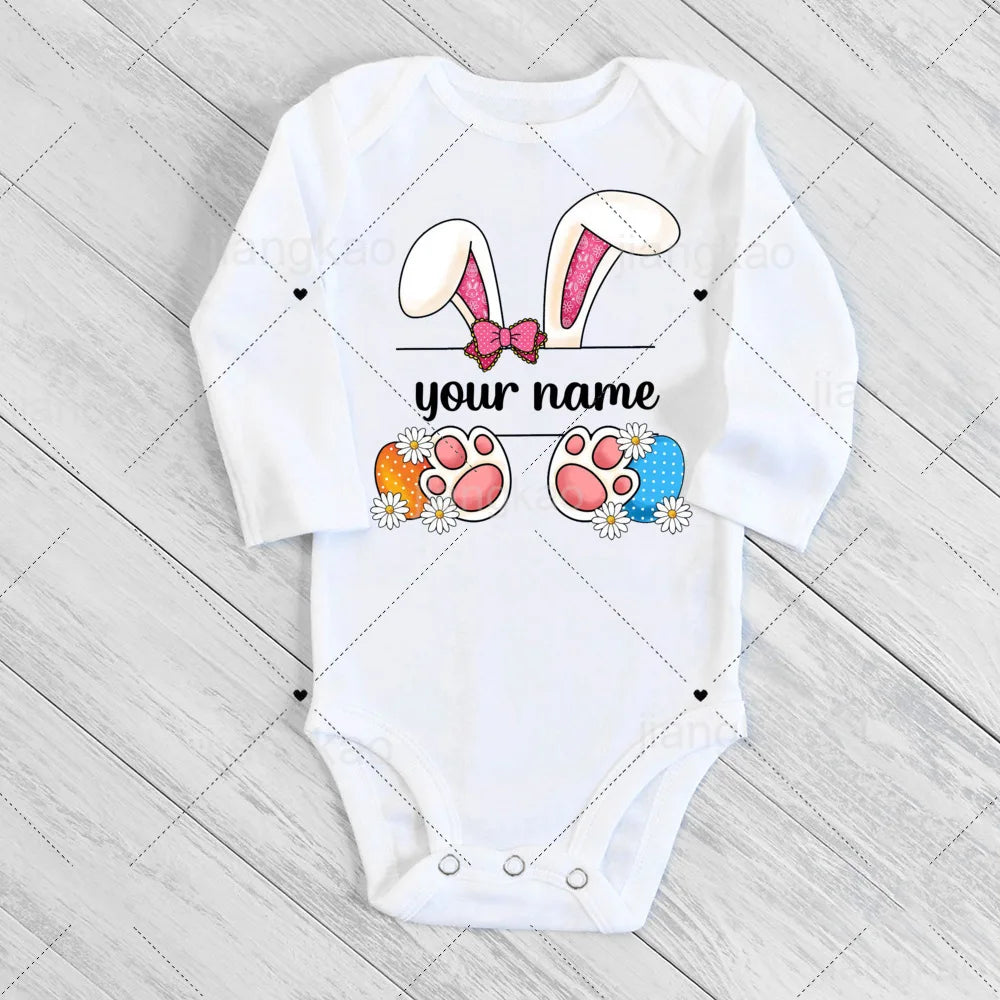 Personalized Easter Romper Easter Bunny Romper Custom Name Baby Girls Cute Outfit Newborn First Easter Party Clothes