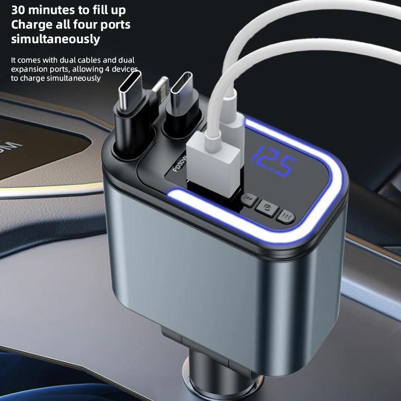 5 IN 1 180W Retractable Car Charger Bluetooth 5.0 FM Transmitter Fast Phone Charger Handsfree Call U-disk Aux with LED Light