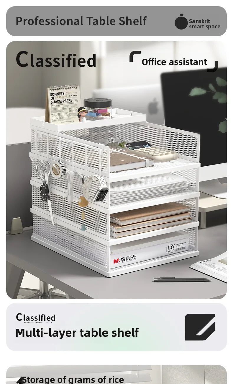 4 Tier Metal Paper Tray Desk Organizer, Stackable File Trays for Office Home, Multi-Functional Document Tray with Grid Design.