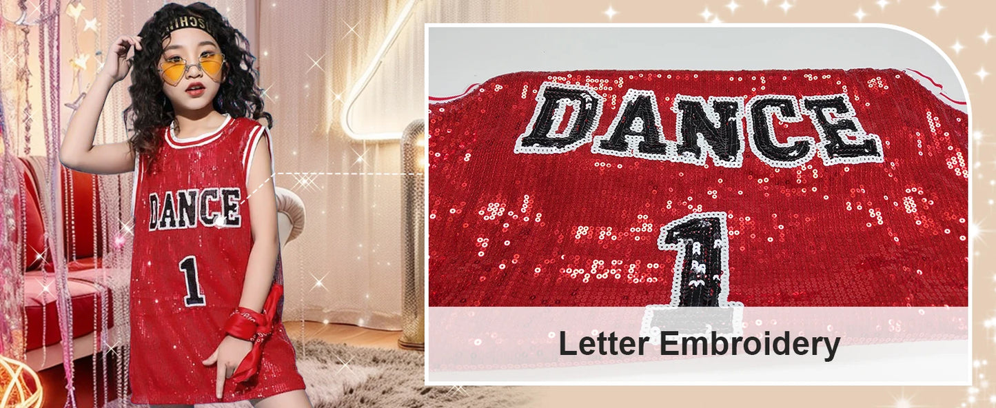 LOlanta Girls Hip Hop Dance Clothes Kids Jersey Sequin Dress Long Tank Top Jazz Cheerleading T-Shirt