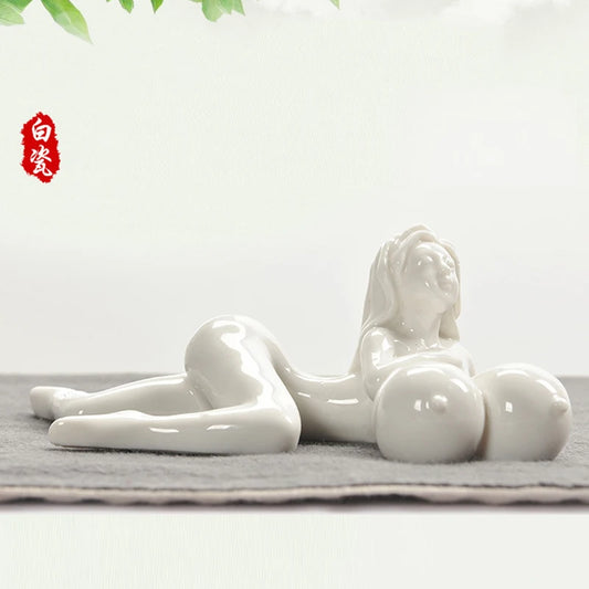 Beauty Girls Lady Statue Crafts Room Home Decoration Phone Holder Vintage Figurine Exotic Ceramic Big Boobs Breast Art Ornaments