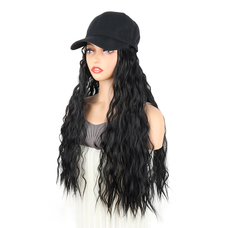 24Inch Synthetic Long Kinky Curly Hair Extension Wigs Baseball Cap Hat  Adjustable One-piece Wigs for Women