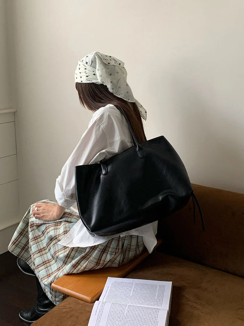 Women's PU Tote Bags Minimalist Large Capacity Multi Compartment Shoulder Bags Elegant Drawstring Commuter Handbags