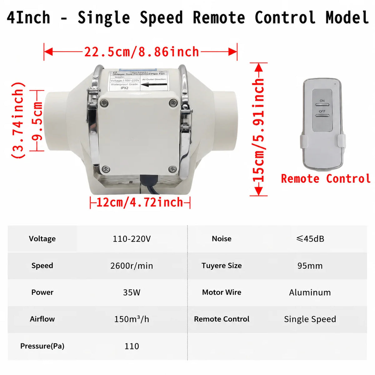 4/5/6 Inch Exhaust Flue Fan Remote Control Mixed Flow Inline Fan 220V High Speed Quiet Exhaust Fan For Home Vents