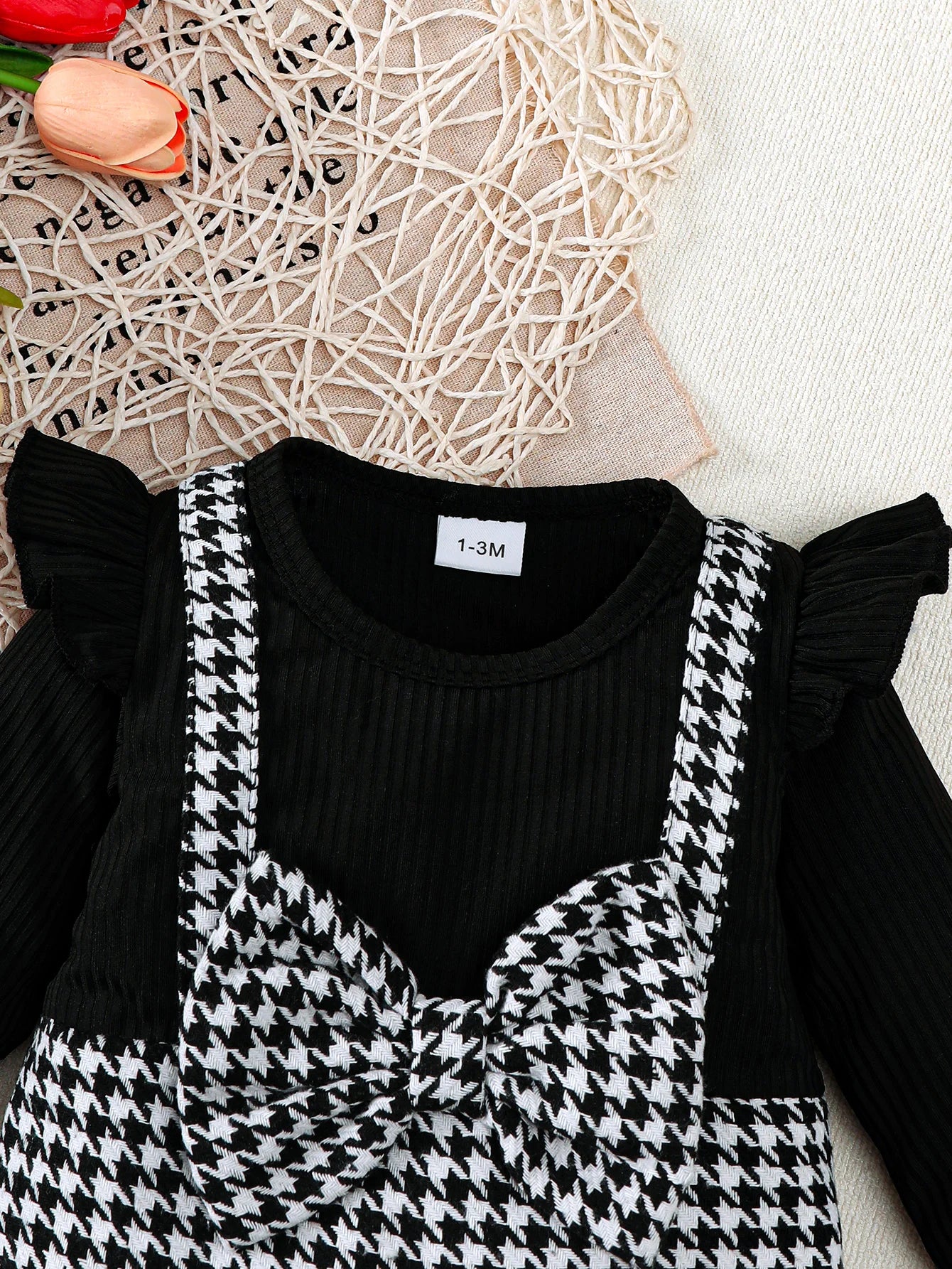 Winter 0-1 Years Old  Infant Baby Girls  Ribbed Fabric Splice  Houndstooth  Long Sleeved Jumpsuit  With  Hairband