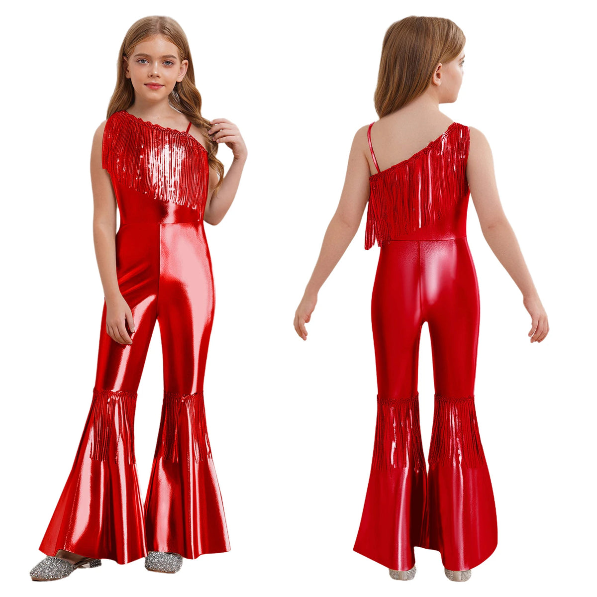 Halloween Kids Girls Hippie Costume Tassels Unitard Bell-bottom Long Pants Bodysuit Jumpsuit for Disco Dance 60s 70s Rave Party